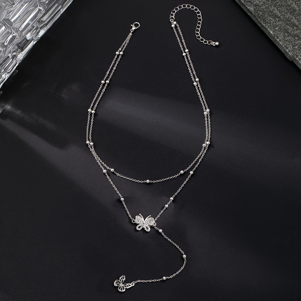 Women's Minimalist Double-Layer Beaded Chain Necklace with Butterfly Design